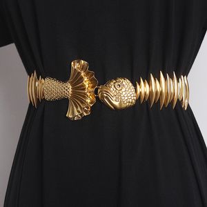 Original Design Gold Metal Alloy Fish Shape Waist belt Women Irregular Fish Elastic Waistband Dress Shirt Corset Belt Strap