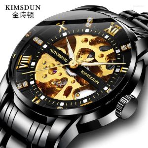 Нарученные часы Kimsdun Fashion Двойные полые автоматические механические часы мужской водонепроницаемый бизнес