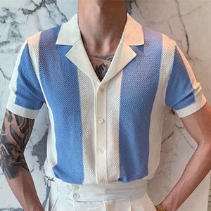 남성 티셔츠 여름 남성 턴 다운 칼라 셔츠 패치 워크 버튼 리브 짧은 소매 통기성 니트 Streetwear For MaleMen's