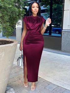 Casual Dresses Women Dress Pleated Long Wine Red Elegant Slit High Collar Slim Fit Sleeveless Maxi Robes Female Shiny Gowns Party 2023