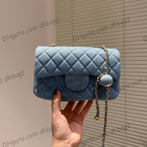 Luxury Designer Denim Classic Mini Flap Quilted Bags Rectangular Purse Blue Crush Pearl Ball Cosmetic Case GHW Matelasse Chain Crossbody Shoulder Handbags 20CM