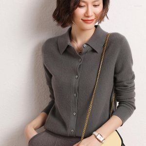 Women's Knits Autumn And Winter Women Polo Collar Cashmere Cardigan Knitted Shirt Thin Sweater Long Sleeve Coat Undercoat Top