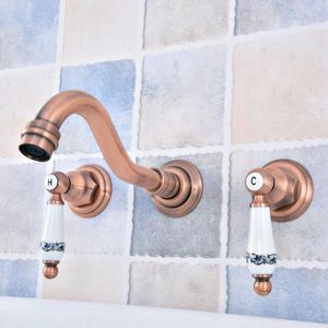 Rubinetti per lavabo da bagno Rame rosso antico Ottone Vasca a parete diffusa 3 fori Doppie maniglie in ceramica Rubinetto Miscelatore Asf523