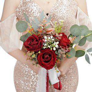 Artificial Bridal Bouquet Red Bride Wedding Flowers Ribbon Bow-knot Romantic Buque De Noiva W5683