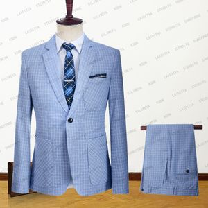 Men's Suits Blazers Men Suit Tuxedo Summer Slim Fit Groom Blue White Reto Classic Plaid Linen Wedding Terno Masuclino 2 Pcs SetJacketPants 230509