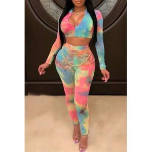 Suits Hot Sale Women Fashion Print Deep V Neck Long Sleeve Crop Top Long Pants Bodycon Clubwear Jumpsuit Set Female 2pcs Outfits