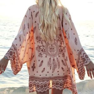 Women's Swimwear Bikini Cover-ups For Beachwear Pink Floral Print Sashes Bohemian Kimono Swimsuit Batwing Sleeves Boho Robe