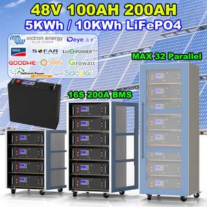 48V 100AH ​​200AH LIFEPO4 BATERIA PACK 16S 51,2V 5KWH 10KWH embutido 100A BMS RS485 pode máximo 32 paralelo 6000+ciclo profundo