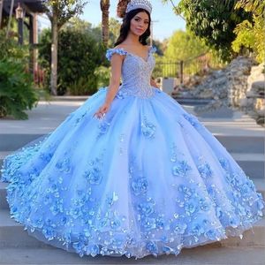 Meksika 3d dantel aplikeler quinceanera elbiseler zarif omuz korse geri tatlı 16 elbise robe de ballı