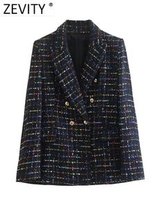 Damen Anzüge Blazer ZEVITY Damen Vintage Kerbkragen Buntes Band Plaid Tweed Wollblazer Mantel Weibliche Oberbekleidung Chic Veste Tops CT2982 230509