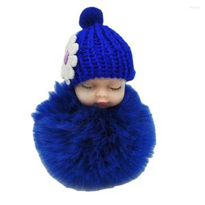 Keychains 1PC Cute Sleeping Baby Doll Keychain Pompom Fur Ball Key Chain Fluffy Car Keyring Bag Charm Gift Plush Keys Holder