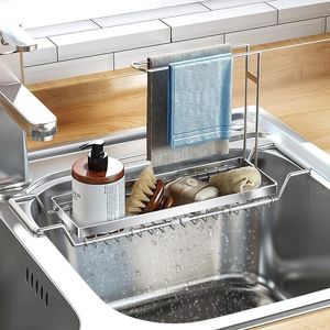 Organisation Telescopic Sink Shelf Rostfritt stål förvaringsställ Justerbart handfat Drain Rack Svam Rag lagringshållare Köksarrangör