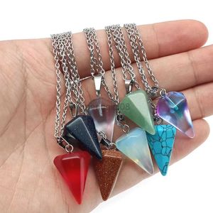 Pendant Necklaces Fashion Hexagonal Column Cone Shape Turquoise Crystal Agate Natural Stone Stainless Steel Chain Jewelry Gift Y23