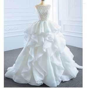 Wedding Dress Scoop Neck Lace & Organza Ball Gown Bead Ruffles Sweep Train Princess Gowns Lace-up Bride Dresses