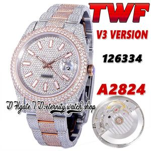 2022 TWF V3 126331 126334 A2824 Automatisk herrklocka 126301 PAVED DIAMONDS DIAL 904L Rostfritt fodral Fullt Iced Out Diamond Two Tone Armband Eternity Jewelry Watches