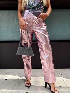 Damskie dżinsy metaliczne skórzane spodnie proste kobiety błyszczące wysokiej talii luźne spodnie 2023 Modna streetwear y2K ubrania dolne T230509