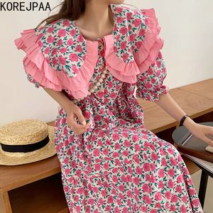 Sukienki swobodne Korejpaa Sukienka Sukienka Summer Lets Ladies Redukcja Słodka podwójna warstwa drewniana kołnierz Doll Flara