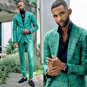 Ternos masculinos Blazers Emerald Green Suits for Men Check Blazer Sets Coat Pant mais recente design de casamento Rouno de casamento 2 peças