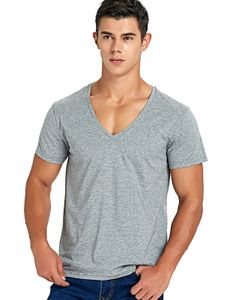 Camisetas masculinas estiram camiseta de pescoço profundo para homens de baixo corte de baixo Vneck vee top tees slim fit manga curta moda masculina camiseta invisível de camiseta 230509