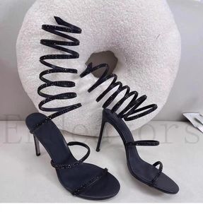 High Thin Wrapped Ankle Sandals Rhinestone Heels Summer Round Toe Straight Line Fashion Show Ocn Large Size Women Shoes 528 494 c