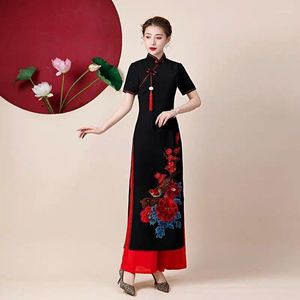 エスニック服2023中国の伝統的なレトロQipaoヴィンテージダンスドレスCheongsam ao Dai 2ピースセットオリエンタルパーティー女性エレガントA51