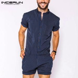 Macacão incerun masculino listrado macacão respirável colar gola curta manga cortagens armadilhas de peças de rua moda masculina shorts shorts s5xl