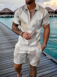 Men's Polos Suit Fashion Men Sets Mesh Printed 2023 Streetwear V-neck Short Sleeve Shirt & Shorts Two Pieces MenCasual