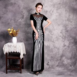 Ethnic Clothing Luxury Gorgeous Long Fork Sequin Black Cheongsam Stage Show Dance Dress Elegant Sexy Slim Bodycon Qipao Fashion Gown Novelty