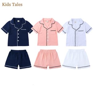 Pyjamas barn pojkar flickor bomullslinne 2 stycken kort slove krage knapp ner skjortor toddler casual solgwear barn kläder set 230509