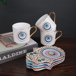 Mugs Turkish Coffee Cup and Saucer Set Devil s Eye Hamsa Hand Dish European Retro Hanging Ear Creative Ceramic Gift 230508