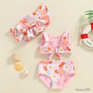 Tvådelar Småbarn Girls Summer Swimewear Set Sleeveless Tops Floral Shorts Hat Spädbarn Girls Bikini Set