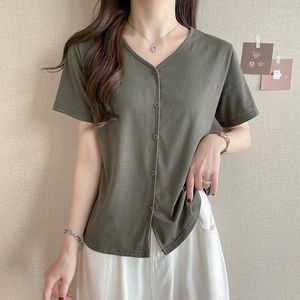 女性用Tシャツxl-4xl大サイズコットンTシャツ女性夏のシンプルなスプリットショートスリーブ特大トップVネックシングル胸Tシャツ