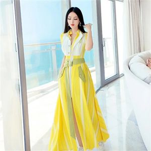 Vestidos casuais vestido de verão de alta qualidade bohemian color de cor de camisa de camisa de moda design de moda temperamento vestido amarelo feminino 230509