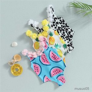 Two-Pieces Cute Toddler Baby Girl Flower Swimsuit Bikini Summer Sleeveless Neck Fruit/Cow Print Bathing Suit Swimwear