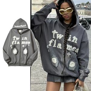 Cardigan Sweatshirts Hoodies Men Hip Hop Foam Fire Print Zip Pullover Hoode Big Size Vintage Grey Pullovers