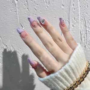 False Nails 24st Light Purple Color Wearable Fake with Rhinestones Löstagbar Press på franska ballerina Full Cover Nail Tips