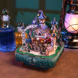 Gry imprezowe rzemiosło DIY Drewen Magic Castle Music Box Model Zestawy budowlane City Stree