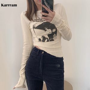 Camiseta feminina karrram camiseta casual slim para mulheres o pescoço de manga longa letras grunge sexy top