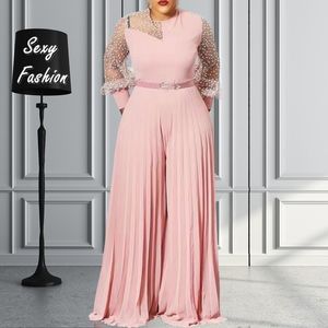 Kvinnors jumpsuits Rompers S-5XL Fall Outfits Kvinnor Pink Fashion Plus Size Jumpsuit Slim Pleated Long Sleeve Elegant Clothes Wholesale Drop 230509