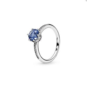 حلقة التاج الأزرق المتألقة ل Pandora Real Sterling Silver Party Party Party Designer Rrings for Women Crystal Diamond Luxury Ring مع صندوق أصلي