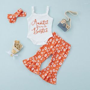 Kleidungssets 3-teiliges Baby-Sommer-Outfits ärmelloses Briefdruck-Strampler-Flare-Hosen-Stirnband-Set