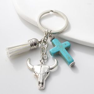 Keychains Handmade Fashion Metal Silver Color Cow Head Cross Key Rings For Women Men Friendship Gift Handbag Decoration Jewelry