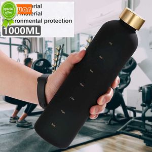 1L Water Bottle With Time Marker 32 OZ Motivational Reusable Fitness Sports Outdoors Leakproof BPA Free Frosted Plastic Bottle