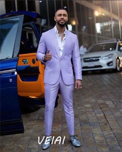 Herrdräkter blazrar lavendel män kostymer 2 bit sjal lapel en knapp mode prom kostymer smala passform blazer set mörk hud mens bröllop slitage kappa 230509