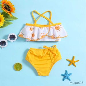 Zweiteilige Baby-Badeanzüge, Sommer-Sonnenaufdruck, Kleinkind-Mädchen-Bikini-Sets, elastische Kordelzug-Strand-Shorts, Bademode für Mädchen
