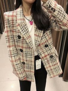 Women r wool plaid turn down colla coat double breasted color block tweed casacos XSSML