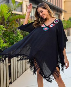 Sarongs Long Tassel Beach Cover Up For Women Black Beachwear Crochet Flower Party Dress 2023 Summer Bikini Bathing Suit Swim Coverupssarongs