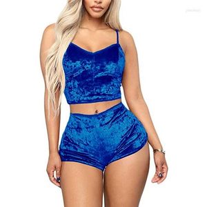 Kvinnors spårsättningar Kvinnor 2 -stycken Set Velvet Sleepwear Sexig Spaghetti Strap Shorts Pyjama Ladies Female Party Two