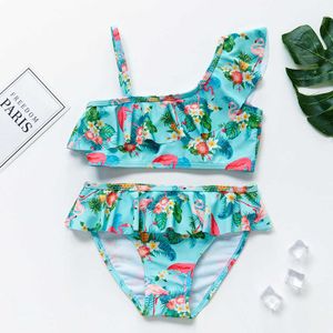 Children's swimwear 3~10 Years Girls Bikini Swimsuits One-Shoulder Ruched Rufflar Printed Flamingo Children Girls Summer Swimwear Adjustable P230509