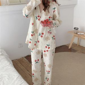 Damen Nachtwäsche Kirschdruck Pyjamas Bär Cartoon Herbst Winter Anzug Frauen Baumwolle Gaze Pyjama Set Homewear Hosen Atmungsaktiv Weich L807